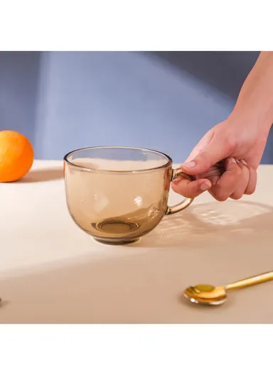 2-Pcs 385ml Glass Round Rim Milk, Tea Mug Set (D10.5 x W8.5)cm - Yellow