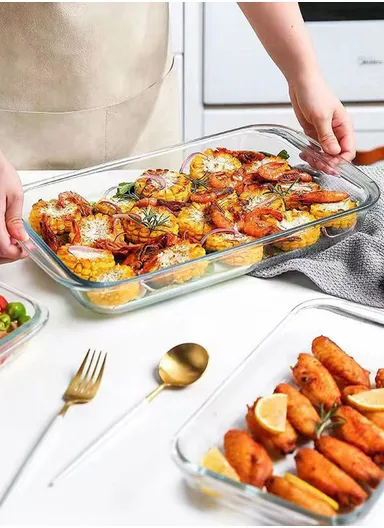 1L Multifunctional Transparent Rectangular Borosilicate Glass Tray for Baking &amp; Serving (W26 x D15 x H4.5)cm