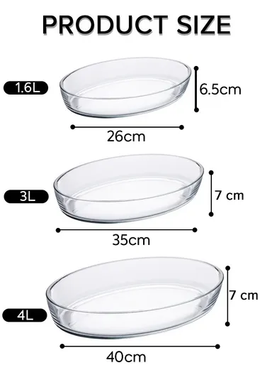 4/3L/1.6L 3 Pcs Oval Borosilicate Glass Baking Dish Oven-Safe Tray KPT-05
