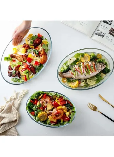 4/3L/1.6L 3 Pcs Oval Borosilicate Glass Baking Dish Oven-Safe Tray KPT-05