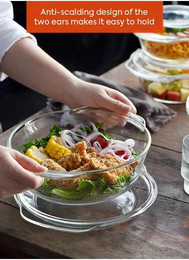 0.7L Borosilicate Clear Kitchen Serveware &amp; Oven-Safe Glass Bowls with Glass Lid 
