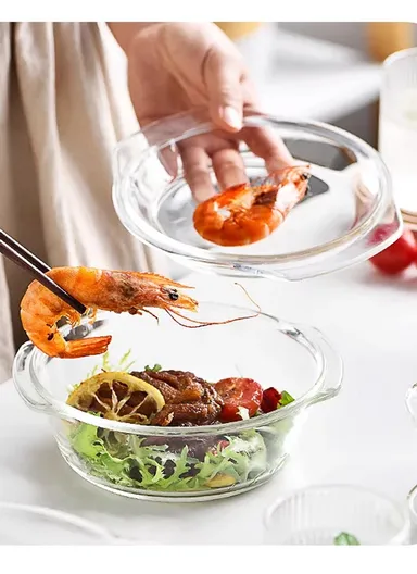 0.7L Borosilicate Clear Kitchen Serveware &amp; Oven-Safe Glass Bowls with Glass Lid 