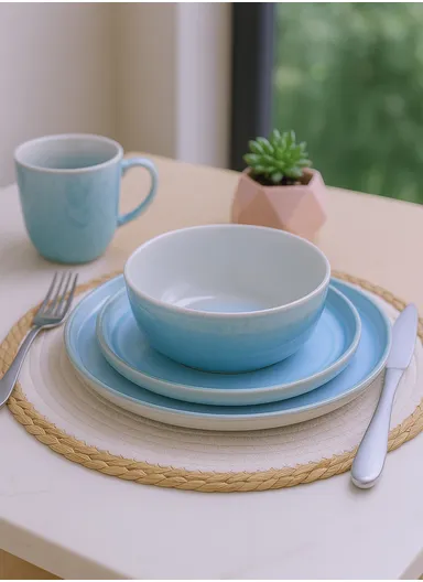 16 Pcs/Set Reactive Glaze Dishes Set, Chip Resistant &amp; Scratch Resistant Ultra Chic Matte Stoneware Dinnerware Service for 4, Microwave &amp; Dishwasher Safe, Durable Everyday Dining Set - White &amp; Blue