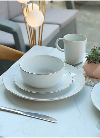 16 Pcs/Set Reactive Glaze Dishes Set, Chip Resistant &amp; Scratch Resistant Ultra Chic Matte Stoneware Dinnerware Service for 4, Microwave &amp; Dishwasher Safe, Durable Everyday Dining Set - White &amp; Gold