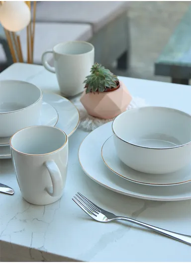 16 Pcs/Set Reactive Glaze Dishes Set, Chip Resistant &amp; Scratch Resistant Ultra Chic Matte Stoneware Dinnerware Service for 4, Microwave &amp; Dishwasher Safe, Durable Everyday Dining Set - White &amp; Gold