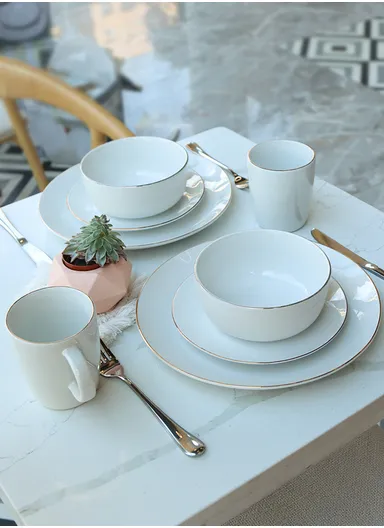 16 Pcs/Set Reactive Glaze Dishes Set, Chip Resistant &amp; Scratch Resistant Ultra Chic Matte Stoneware Dinnerware Service for 4, Microwave &amp; Dishwasher Safe, Durable Everyday Dining Set - White &amp; Gold