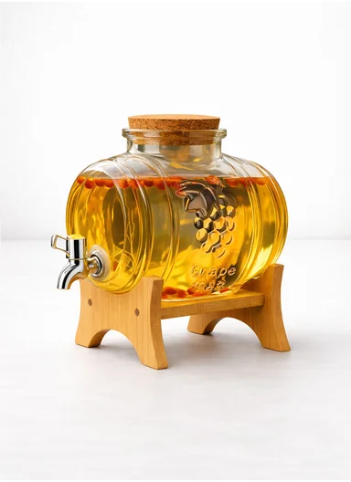 3L Glass Old Barrel Design Beverage Dispenser Jug with Wood Frame &amp; Spigot Set (W19.5 x D13 x H19.5)cm