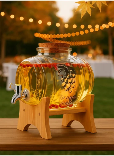 3L Glass Old Barrel Design Beverage Dispenser Jug with Wood Frame &amp; Spigot Set (W19.5 x D13 x H19.5)cm