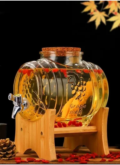 3L Glass Old Barrel Design Beverage Dispenser Jug with Wood Frame &amp; Spigot Set (W19.5 x D13 x H19.5)cm