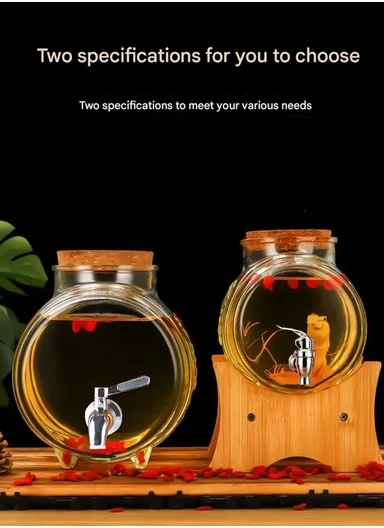 3L Glass Old Barrel Design Beverage Dispenser Jug with Wood Frame &amp; Spigot Set (W19.5 x D13 x H19.5)cm