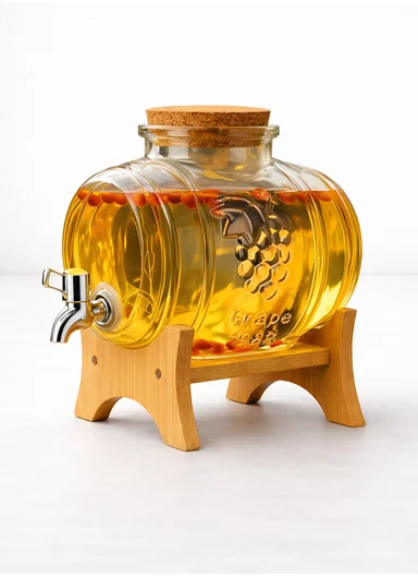 5L Glass Old Barrel Design Beverage Dispenser Jug with Wood Frame &amp; Spigot Set (W22 x D17 x H22)cm