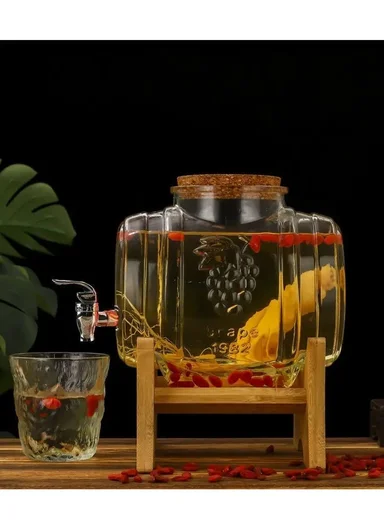 5L Glass Old Barrel Design Beverage Dispenser Jug with Wood Frame &amp; Spigot Set (W22 x D17 x H22)cm