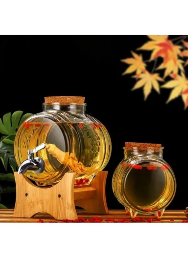 5L Glass Old Barrel Design Beverage Dispenser Jug with Wood Frame &amp; Spigot Set (W22 x D17 x H22)cm