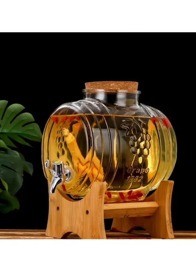 5L Glass Old Barrel Design Beverage Dispenser Jug with Wood Frame &amp; Spigot Set (W22 x D17 x H22)cm