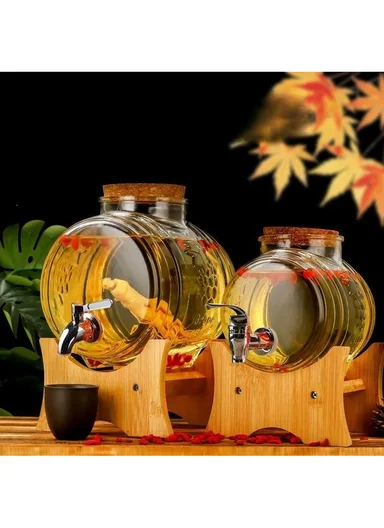 5L Glass Old Barrel Design Beverage Dispenser Jug with Wood Frame &amp; Spigot Set (W22 x D17 x H22)cm
