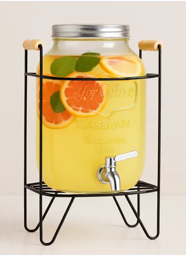 5L Glass Beverage Dispenser Jug with Iron Frame &amp; Spigot Set (L20 x W20 x H37)cm