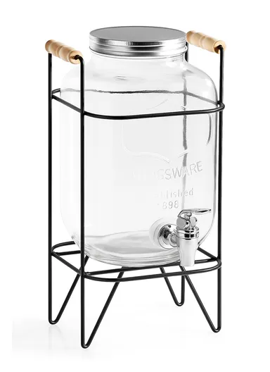 5L Glass Beverage Dispenser Jug with Iron Frame &amp; Spigot Set (L20 x W20 x H37)cm