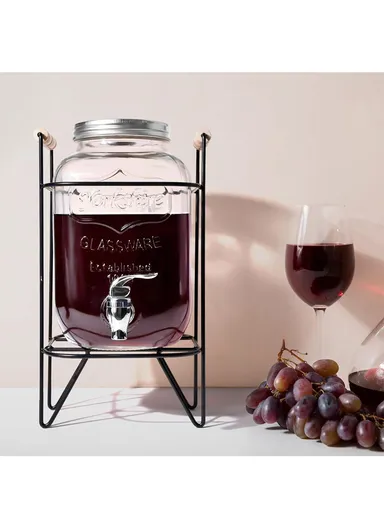 5L Glass Beverage Dispenser Jug with Iron Frame &amp; Spigot Set (L20 x W20 x H37)cm