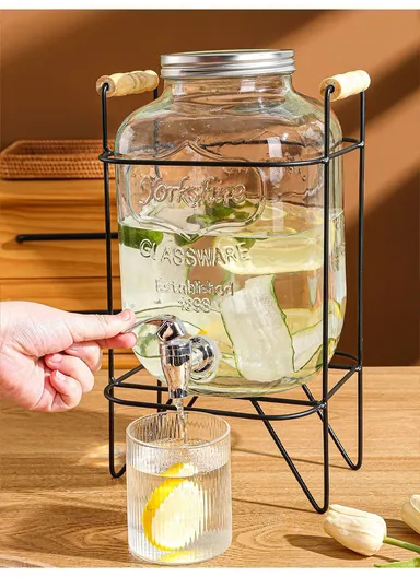 5L Glass Beverage Dispenser Jug with Iron Frame &amp; Spigot Set (L20 x W20 x H37)cm