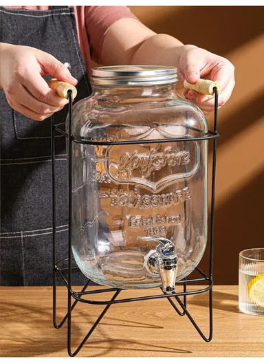 5L Glass Beverage Dispenser Jug with Iron Frame &amp; Spigot Set (L20 x W20 x H37)cm