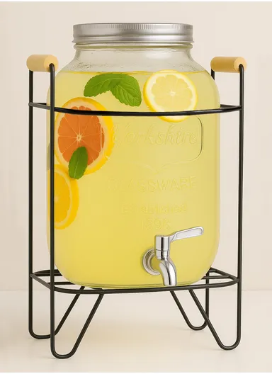 8L Glass Beverage Dispenser Jug with Iron Frame &amp; Spigot Set (L22 x W22 x H40)cm