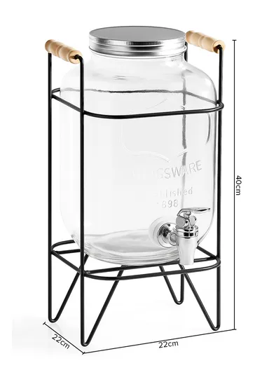 8L Glass Beverage Dispenser Jug with Iron Frame &amp; Spigot Set (L22 x W22 x H40)cm