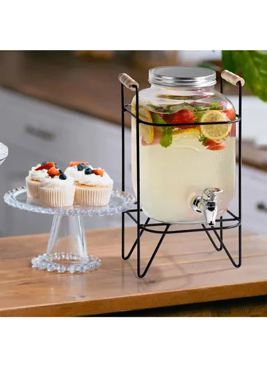 8L Glass Beverage Dispenser Jug with Iron Frame &amp; Spigot Set (L22 x W22 x H40)cm