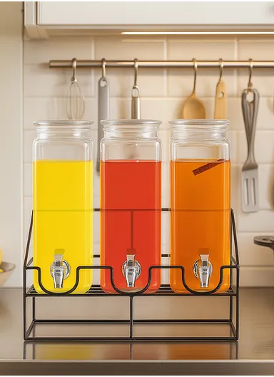 2.2L Triple Glass Beverage Dispenser Jug with Iron Frame &amp; Spigot Set (L33 x W12 x H42)cm - 3 Pieces