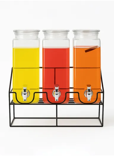 2.2L Triple Glass Beverage Dispenser Jug with Iron Frame &amp; Spigot Set (L33 x W12 x H42)cm - 3 Pieces