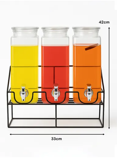 2.2L Triple Glass Beverage Dispenser Jug with Iron Frame &amp; Spigot Set (L33 x W12 x H42)cm - 3 Pieces