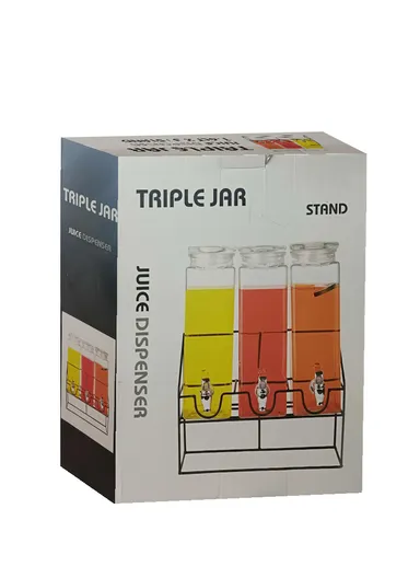 2.2L Triple Glass Beverage Dispenser Jug with Iron Frame &amp; Spigot Set (L33 x W12 x H42)cm - 3 Pieces