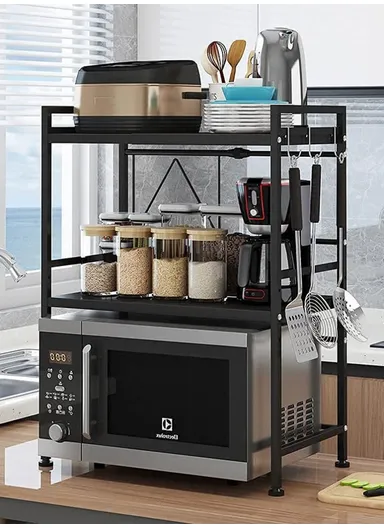 3-Tier Expandable Heavy-Duty Iron Storage Organizer Rack with Side Hooks, Multi-Purpose Adjustable Microwave Kitchen Rack Organizer z-62x (W43-70 x D32 x H77)cm - Black