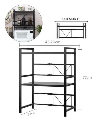 3-Tier Expandable Heavy-Duty Iron Storage Organizer Rack with Side Hooks, Multi-Purpose Adjustable Microwave Kitchen Rack Organizer z-62x (W43-70 x D32 x H77)cm - Black