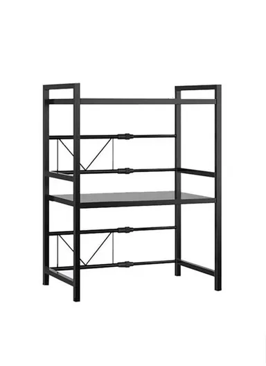 3-Tier Expandable Heavy-Duty Iron Storage Organizer Rack with Side Hooks, Multi-Purpose Adjustable Microwave Kitchen Rack Organizer z-62x (W43-70 x D32 x H77)cm - Black