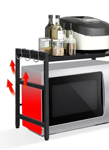 3-Tier Expandable Heavy-Duty Iron Storage Organizer Rack with Side Hooks, Multi-Purpose Adjustable Microwave Kitchen Rack Organizer z-62x (W43-70 x D32 x H77)cm - Black