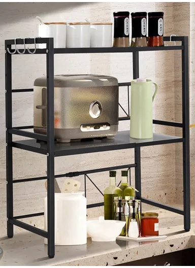 3-Tier Expandable Heavy-Duty Iron Storage Organizer Rack with Side Hooks, Multi-Purpose Adjustable Microwave Kitchen Rack Organizer z-62x (W43-70 x D32 x H77)cm - Black