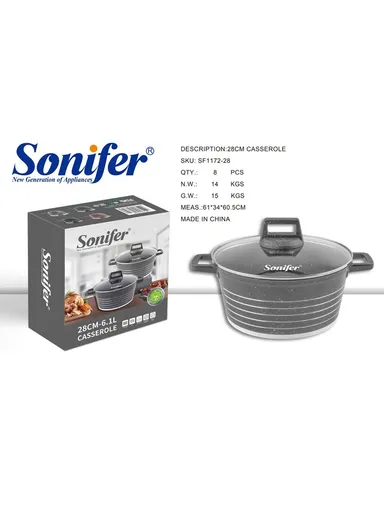 28cm 6.1L Granite &amp; Stainless Steel Casserole Non-Stick, High-Temperature Cooking with Glass Lid SF-1172-28 - Grey