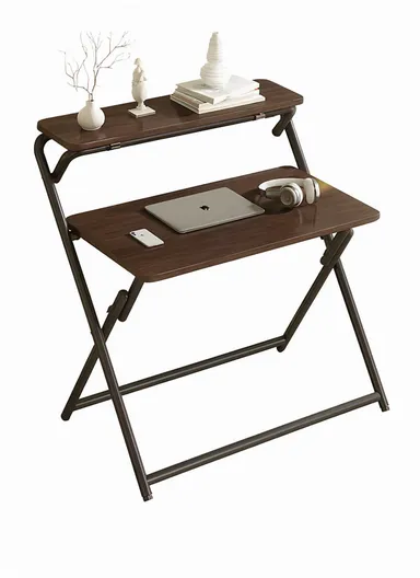 Folding Computer Desk, Workstation &amp; Study Table with Upper Shelf, Space-Saving Folding Design YM123 (W80 x D55 x H98)cm - Walnut