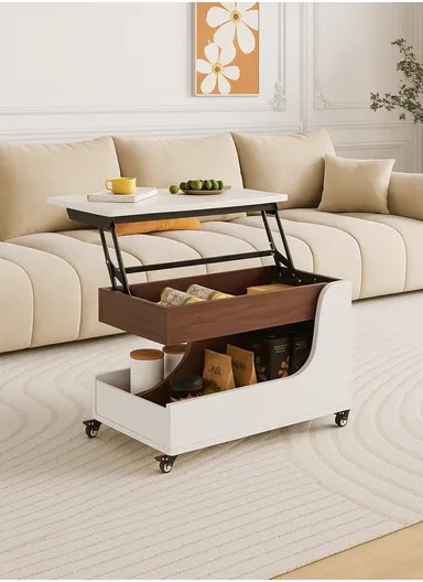 3-Layer Luxury Mobile Lift-Top Tea Table, Multi-functional Transforming Desk End Table with Wheels &amp; Hidden Storage - White &amp; Walnut YM122