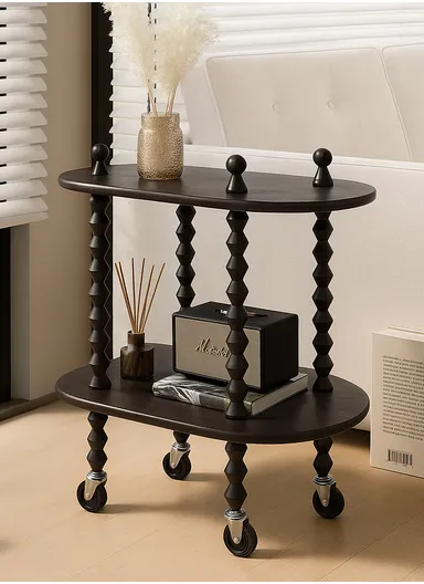 Elegant 2-Tier Rolling Table with Ornate Legs YM112 (L60 x W34 x H60)cm - Black