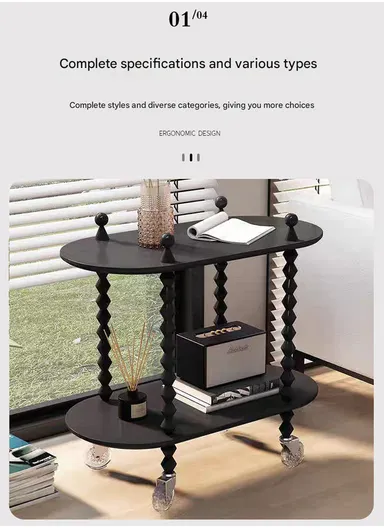 Elegant 2-Tier Rolling Table with Ornate Legs YM112 (L60 x W34 x H60)cm - Black