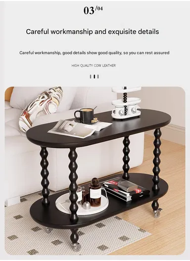 Elegant 2-Tier Rolling Table with Ornate Legs YM112 (L60 x W34 x H60)cm - Black