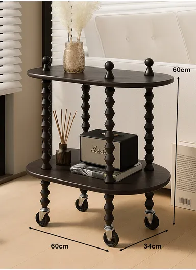 Elegant 2-Tier Rolling Table with Ornate Legs YM112 (L60 x W34 x H60)cm - Black