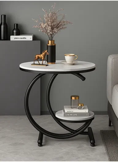 Elegant C-Shaped 2-Tier Round Coffee Table YM099 (D55 x H60)cm - White Marble