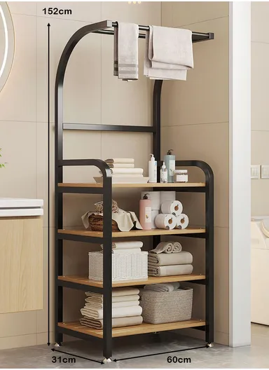 4-Tier Multi-Functional Bathroom Storage Rack with Towel Bar YM097 (L31 x W60 x H152)cm - Walnut