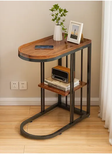 Modern C-Shaped Sofa Side Table with Storage Shelf YM090 (L60 x W32 x H70)cm - Walnut