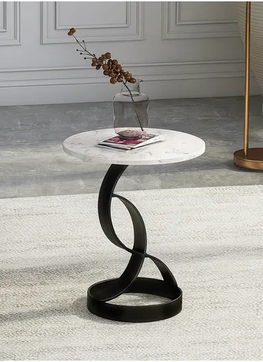 Sleek Round Side Table with White Marble Finish &amp; Geometric Metal Frame YM074 - White &amp; Grey
