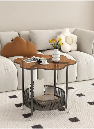 Modern 2-Tier Mobile Accent Table with Glass Top &amp; Wheels YM072 (L55 x W55 x H58)cm - Black