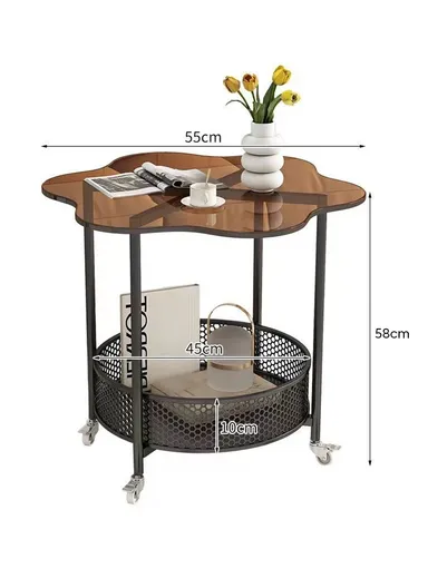 Modern 2-Tier Mobile Accent Table with Glass Top &amp; Wheels YM072 (L55 x W55 x H58)cm - Black