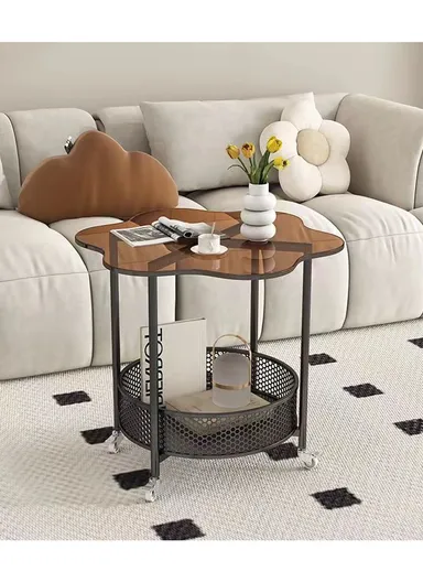 Modern 2-Tier Mobile Accent Table with Glass Top &amp; Wheels YM072 (L55 x W55 x H58)cm - Black